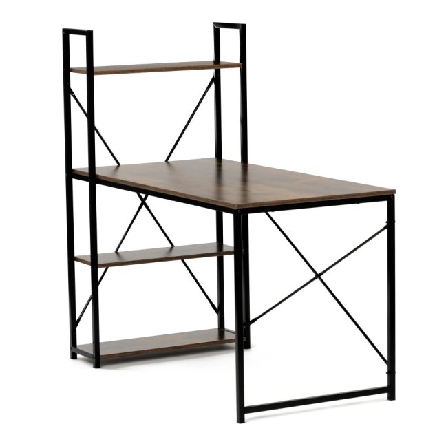 Psací stůl s regálem MOREL — kov, MDF, černá / dekor starého dřeva