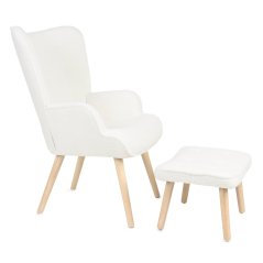 Relaxační křeslo ušák ROMEO II + taburet — masiv, látka bouclé, přírodní / bílá