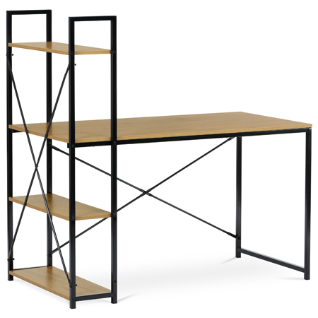 Psací stůl s regálem MOREL — kov, MDF, černá / dekor dub