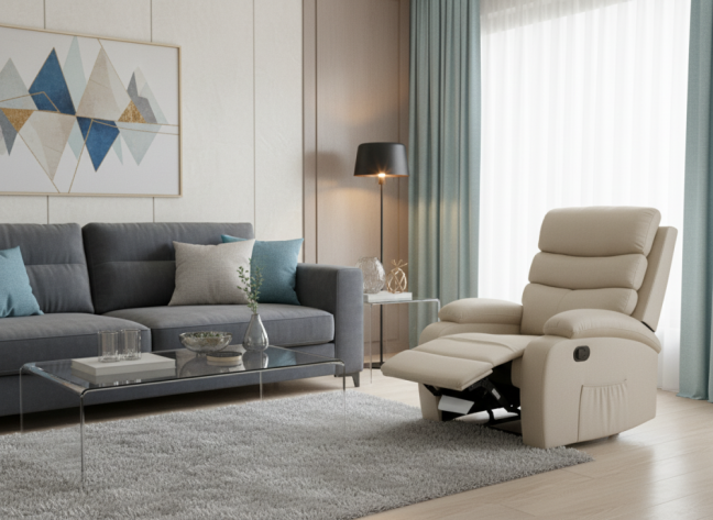 Relaxační polohovací TV křeslo VELORA — látka, béžová, nosnost 130 kg