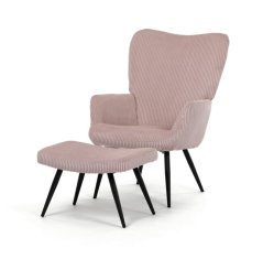 Relaxační křeslo ušák s taburetem ROYAL — kov, manšestr, růžová