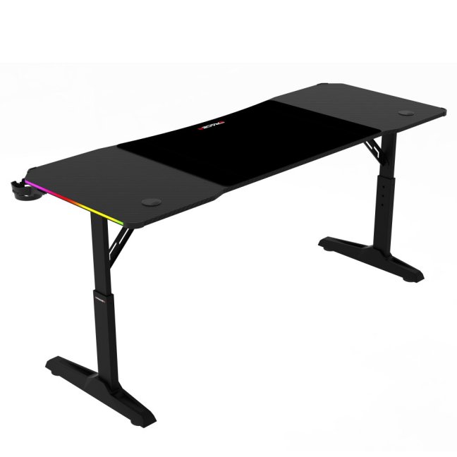 Výškově nastavitelný herní stůl ERACER H1216 — 160x60 cm, kov, melamin, černá, RGB podsvícení
