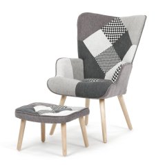 Relaxační křeslo ušák LISA + taburet — masiv, látka, černobílý patchwork