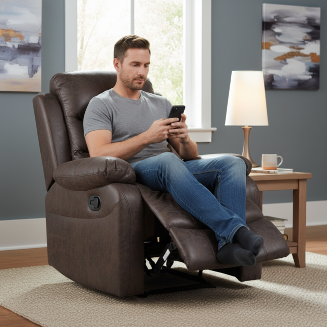 Relaxační polohovací TV křeslo HAVEN — látka, hnědá, nosnost 130 kg