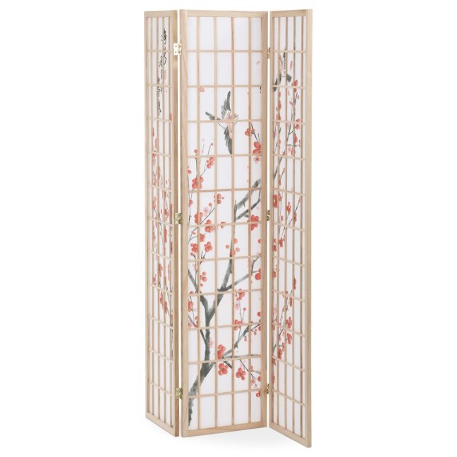 3dílný paravan SAKURA — dřevo, netkaná textilie, přírodní / bílá