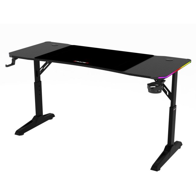 Výškově nastavitelný herní stůl ERACER H1214 — 140x60 cm, kov, melamin, černá, RGB podsvícení