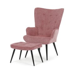 Relaxační křeslo ušák s taburetem ROYAL II — kov, látka, růžová