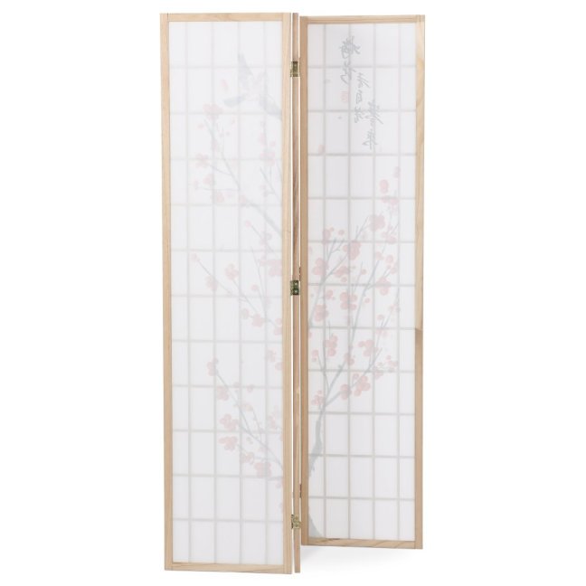 3dílný paravan SAKURA — dřevo, netkaná textilie, přírodní / bílá