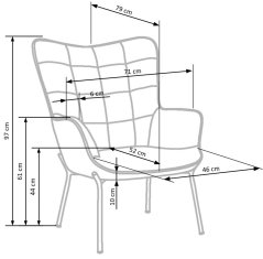 Designové křeslo CASTEL — kov, látka, černá / hořčicová