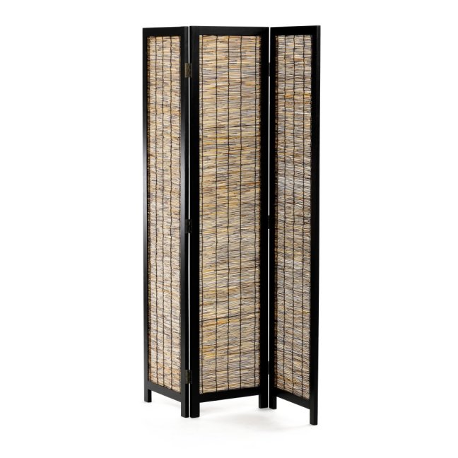 3dílný paravan KEIKO — dřevo, ratan, černá / přírodní