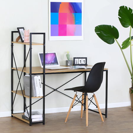Psací stůl s regálem MOREL — kov, MDF, černá / dekor dub