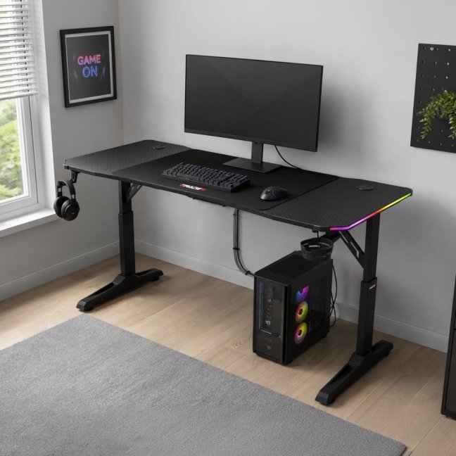 Výškově nastavitelný herní stůl ERACER H1214 — 140x60 cm, kov, melamin, černá, RGB podsvícení