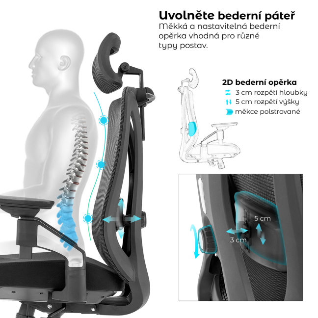Kancelářská ergonomická židle Neoseat THOMAS — síť / látka, černá, nosnost 150 kg