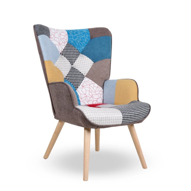 Křeslo ušák CORDU + taburet — masiv, látka, přírodní / patchwork