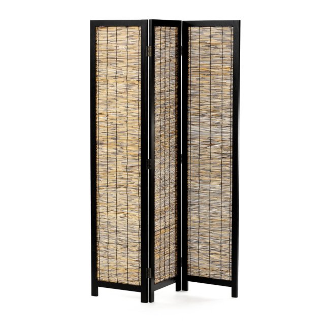 3dílný paravan KEIKO — dřevo, ratan, černá / přírodní