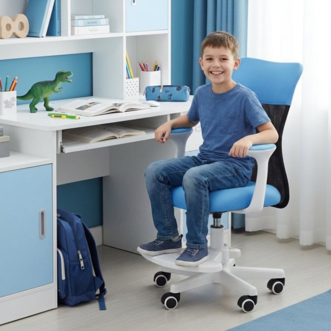 Dětská židle Neoseat MONKEY WHITE s podnoží — látka, bílá / světle modrá