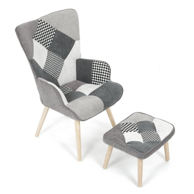Relaxační křeslo ušák LISA + taburet — masiv, látka, černobílý patchwork