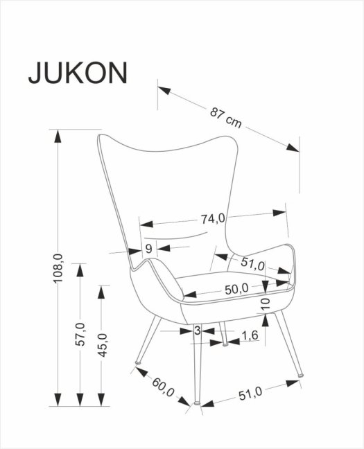 Designové křeslo ušák JUKON — kov, látka, šedá