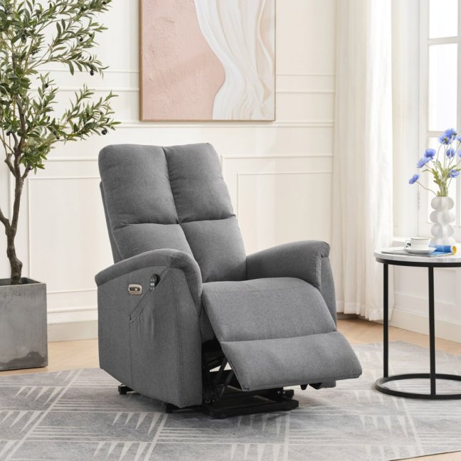 TV křeslo DAMIAN s elektrickým polohováním, masáží a vyhříváním — látka, šedá