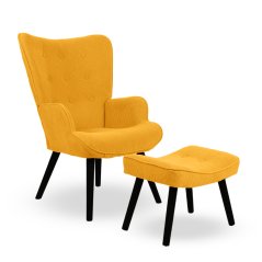 Křeslo ušák CORDU + taburet — masiv, manšestr, černá / hořčicová