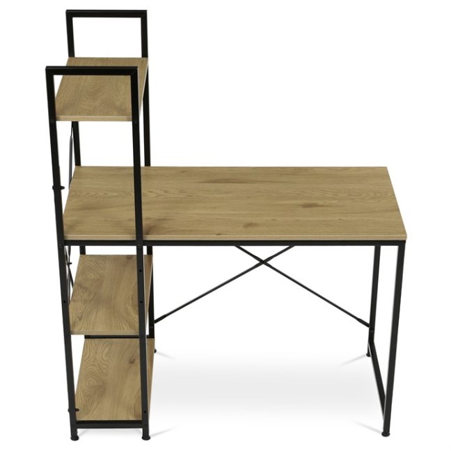 Psací stůl s regálem VINTO — kov, MDF, černá / dekor dub