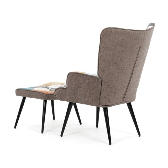 Relaxační křeslo ušák s taburetem ROYAL II — kov, voděodolná látka, patchwork