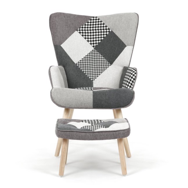 Relaxační křeslo ušák LISA + taburet — masiv, látka, černobílý patchwork