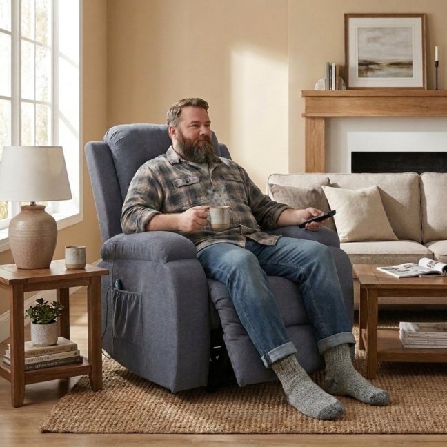 TV křeslo RIVA PLUS s elektrickým polohováním — látka, šedá, nosnost 130 kg