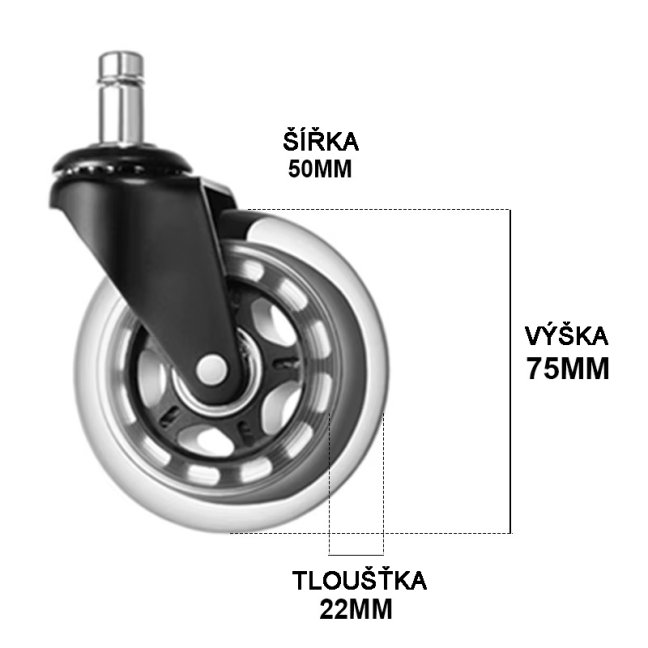 Polyuretanová kancelářská kolečka Neoseat AERO — 5 ks, nosnost 250 kg