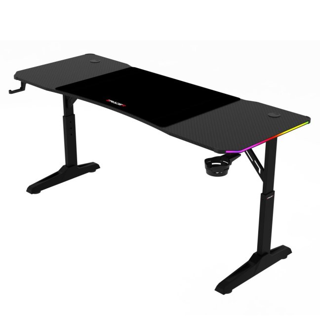 Výškově nastavitelný herní stůl ERACER H1216 — 160x60 cm, kov, melamin, černá, RGB podsvícení