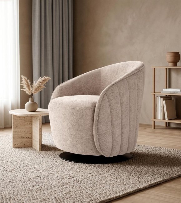 Designové otočné křeslo BASILIO — kov, látka, cappuccino
