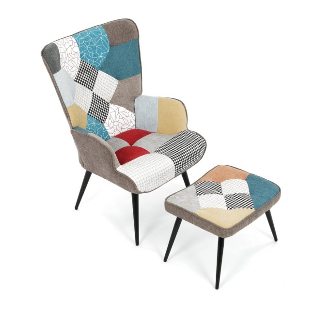 Relaxační křeslo ušák s taburetem ROYAL II — kov, voděodolná látka, patchwork