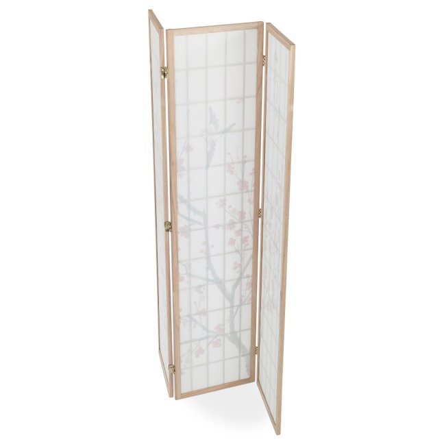 3dílný paravan SAKURA — dřevo, netkaná textilie, přírodní / bílá