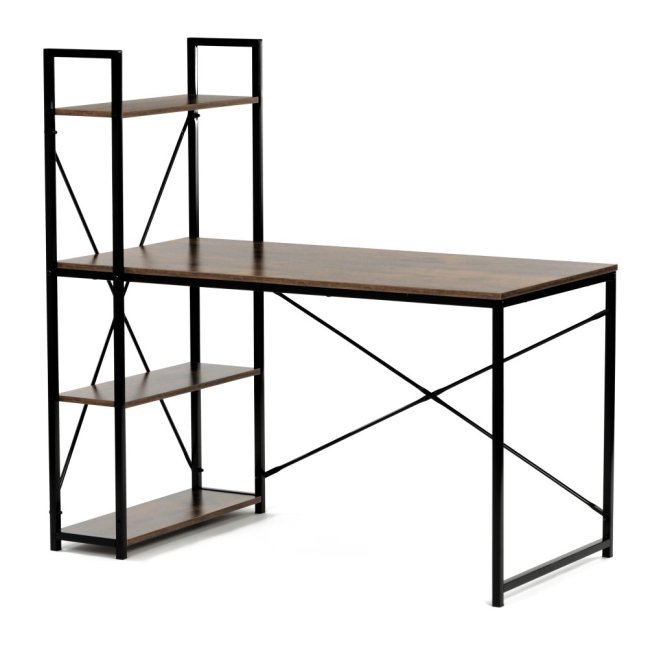 Psací stůl s regálem MOREL — kov, MDF, černá / dekor starého dřeva