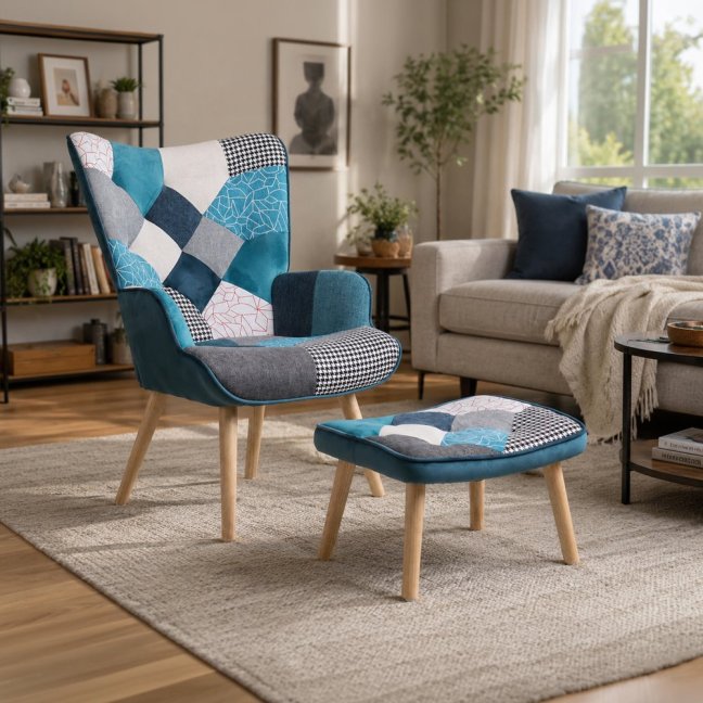 Relaxační křeslo ušák LISA + taburet — masiv, látka, modrý patchwork