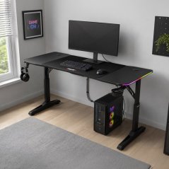 Výškově nastavitelný herní stůl ERACER H1214 — 140x60 cm, kov, melamin, černá, RGB podsvícení