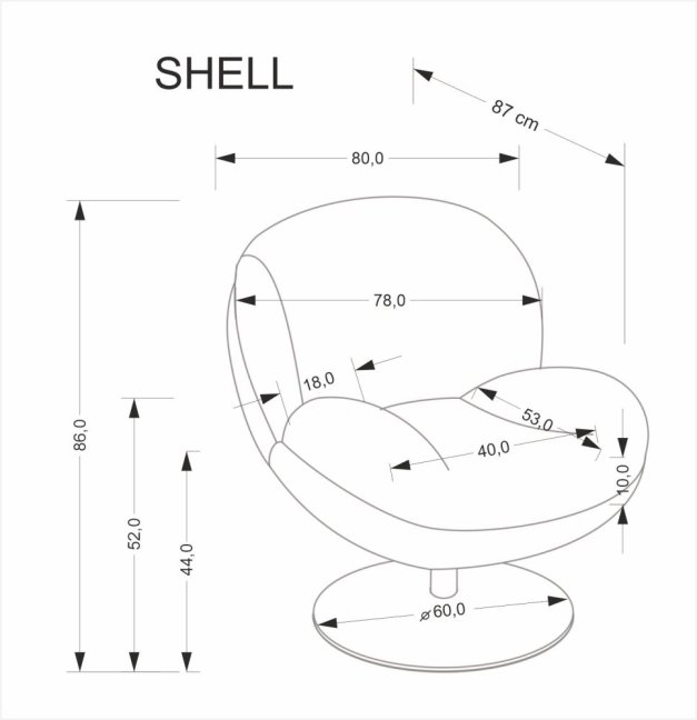 Otočné relaxační křeslo SHELL — kov, látka, šedá