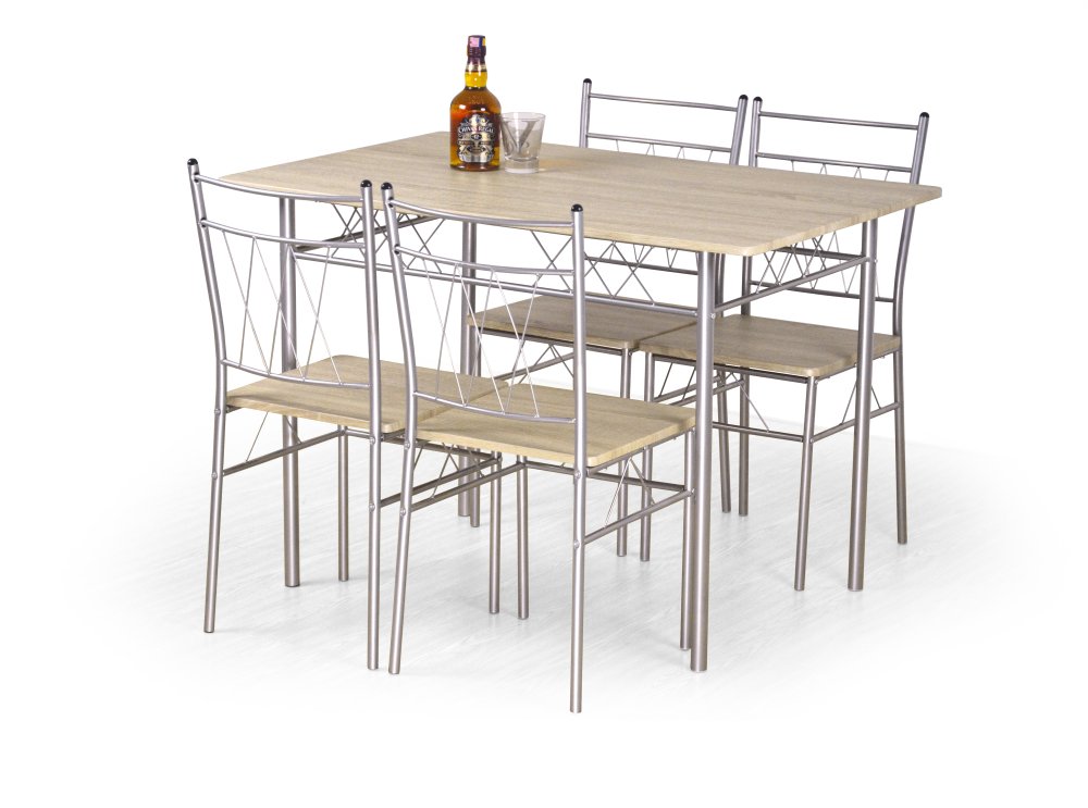 Levně Jídelní set FAUST 4+1 — kov, MDF, stříbrná / dekor dub sonoma